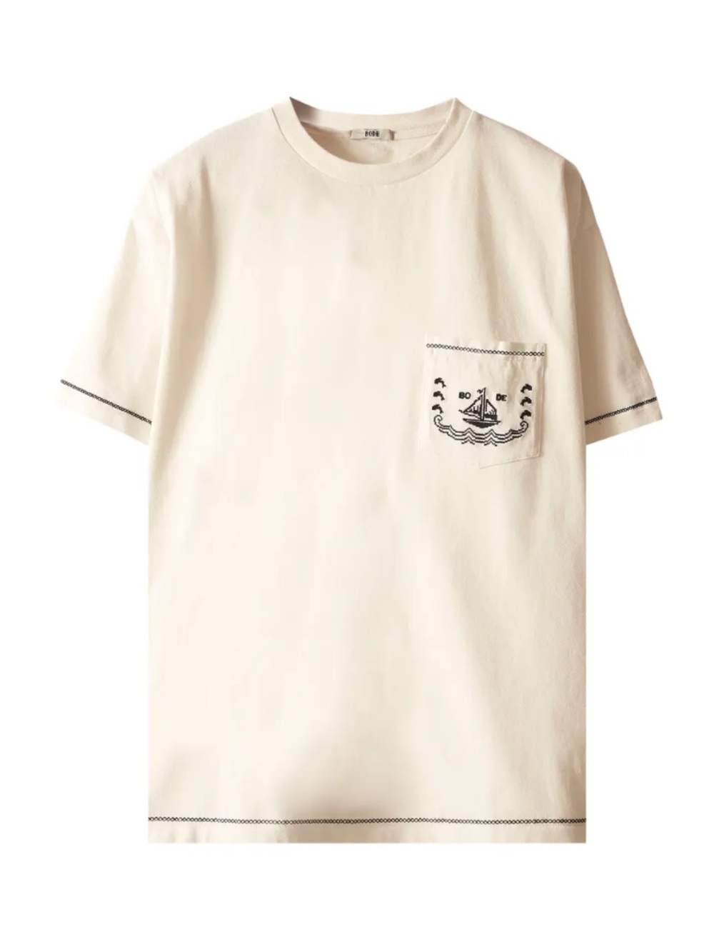 Bode White Short-Sleeve Pocket Tee with Embroidery